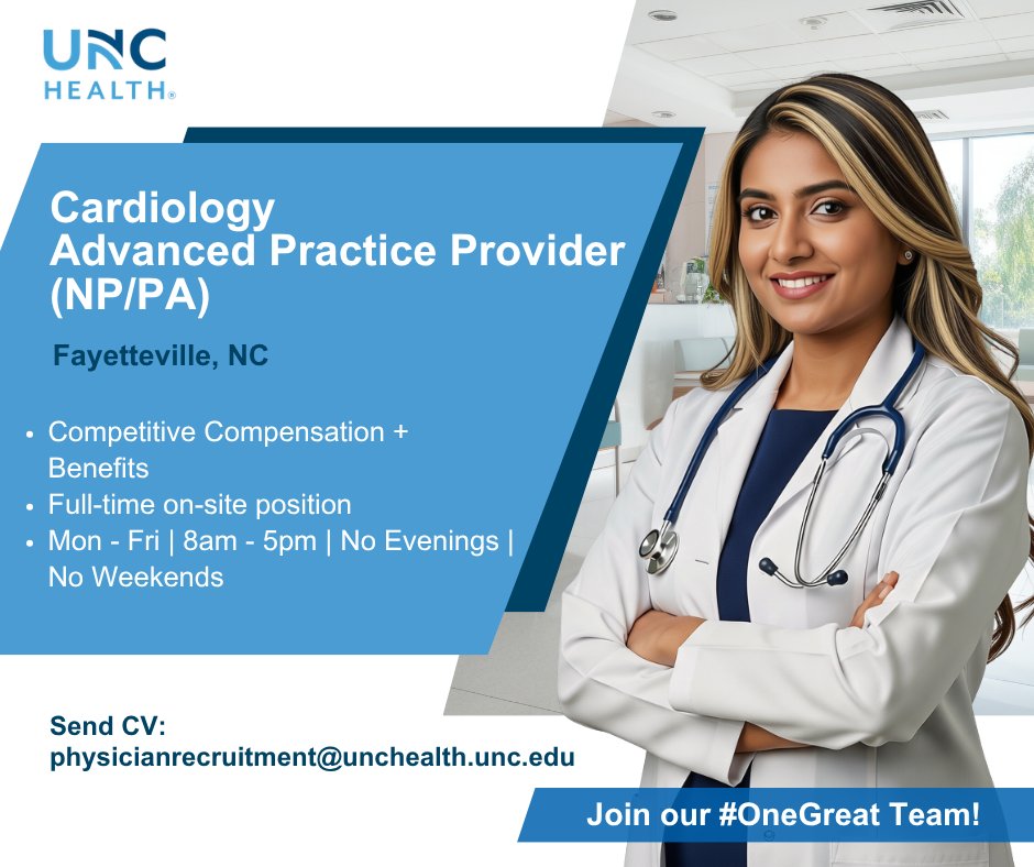 UNCPhysRecruit's tweet photo. 🔊Join our #OneGreatTeam at UNC Health as a Cardiology Advanced Practice Provider (PA/NP) in Fayetteville, North Carolina.

https://t.co/2WNkloxEZ9 https://t.co/I35wLdxLHr