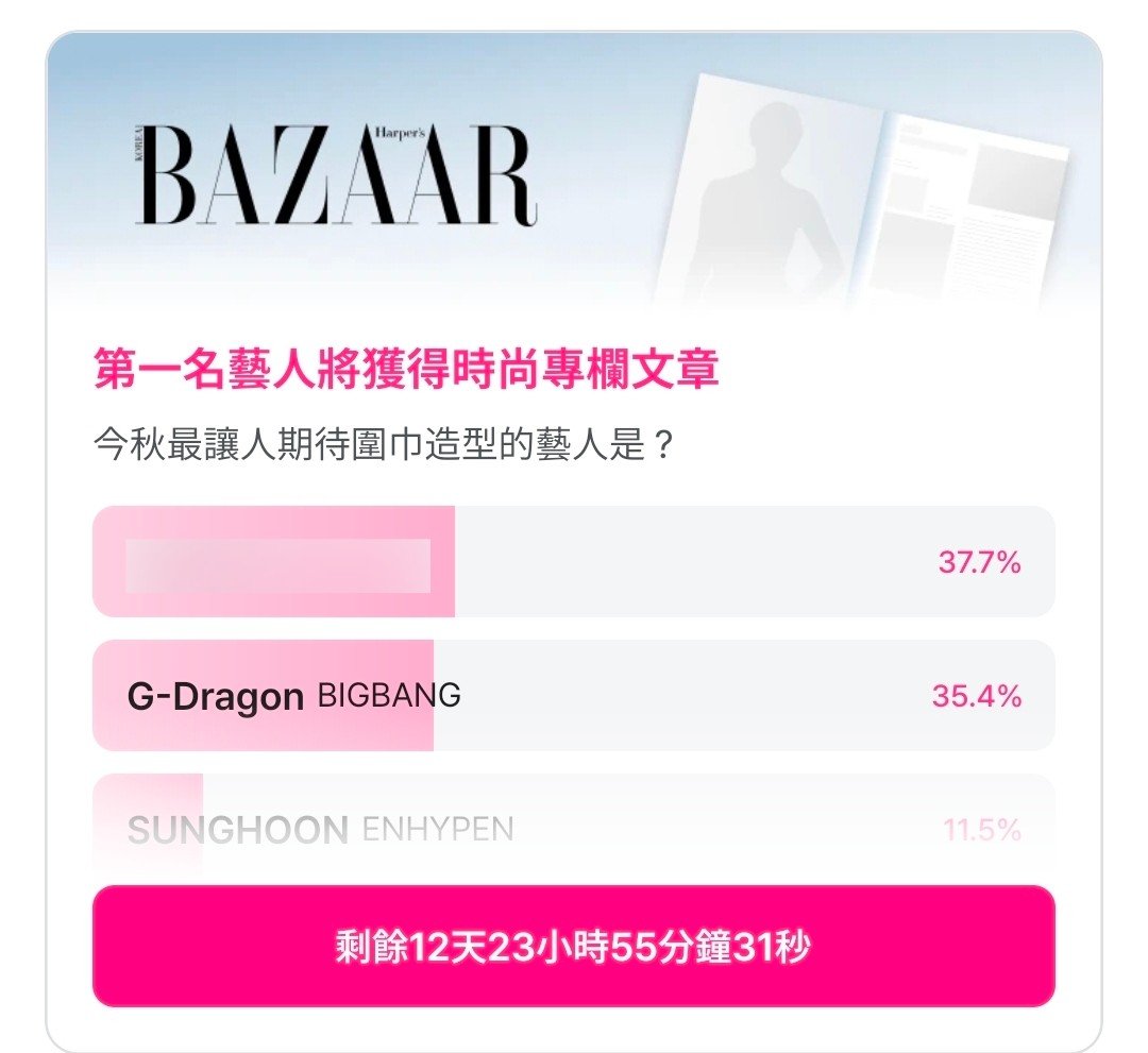hil_like's tweet photo. FAM!
請繼續每天的廣告任務,完成收集積分。
🗳 Mnet Plus × Harper's BAZAAR
✨️今秋最讓人期待圍巾造型的藝人是?
🗓 期間~10.13 23:59 (KST)
📍1票 = 3P (無票數限制)
🎁 Harper's BAZAAR時尚專欄文章
#GDRAGON #VoteForGDRAGON https://t.co/OYkuv7uGUV