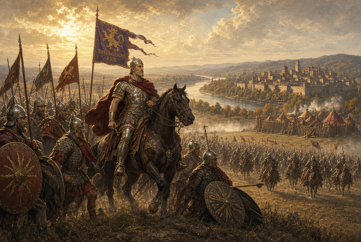 AncientHistDay's tweet photo. On September 30 in 489, Theodoric the Great’s Ostrogoths smashed Odoacer’s army on the plain before Verona. After Isonzo in August, Odoacer had dug a fossatum by the Adige. At dawn the lines closed. Ennodius says Theodoric buckled on the sword his panegyrist called “the champion of freedom,” then led the charge that broke the Herul-Scirian host.