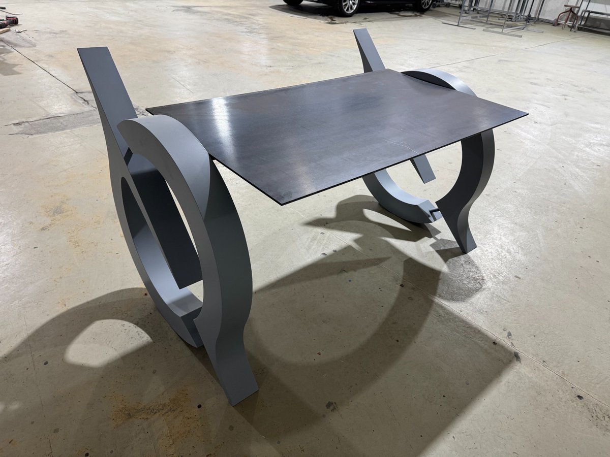 stdennis's tweet photo. Building a desk that probably should not exist.

GABROK / 001 — BUILD IN PROGRESS

A one-off desk being built as a functional sculpture.
Fabricated steel. Exposed M20 hardware. Solid wenge top still to come.
The dark top is only a temporary mockup.

Next: satin white steel / black M20 / wenge.