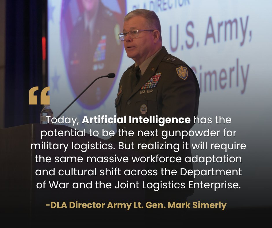 DLAMIL's tweet photo. Could AI be the new gunpowder for military logistics?

In #Loglines, DLA Director Lt. Gen. Mark Simerly and Valerie Chien argue that its impact depends on shared, trustworthy data, workforce skills and human judgment.

Read the full paper here: https://t.co/222m8TWcVJ

#Loglines2026Issue3 #AI #WhitePaper