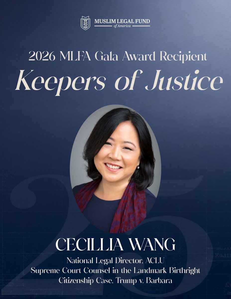 MLFA's tweet photo. At MLFA's 25th Anniversary Gala, we will honor Cecillia Wang, Dr. Aminah Knight, Ed.D, and Baitulmaal as our 2026 Keepers of Justice awardees!​

Join us as we celebrate their work and the legacy they continue to build.​

https://t.co/fXDfaI4B3a https://t.co/uVStZcp3sN