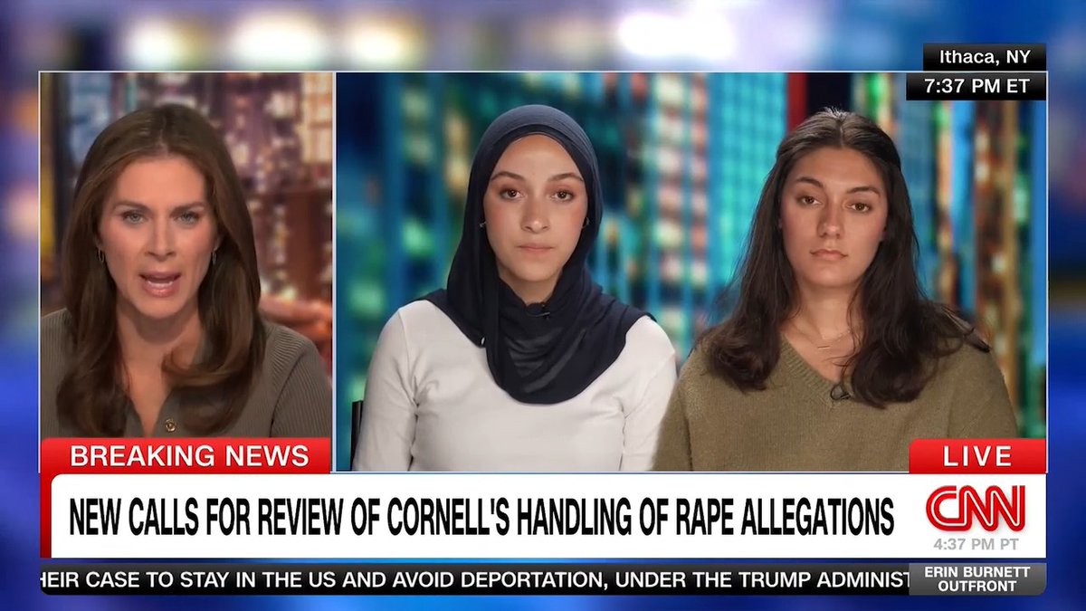A CNN breaking news broadcast at 7:37 PM ET from Ithaca, NY shows anchor Erin Burnett interviewing two Cornell student journalists—one wearing a dark hijab and white top, the other in a green sweater—with the chyron reading "NEW CALLS FOR REVIEW OF CORNELL'S HANDLING OF RAPE ALLEGATIONS." The image visually supports the story about the student journalists who pursued the alleged gang rape case speaking out about the university's response.