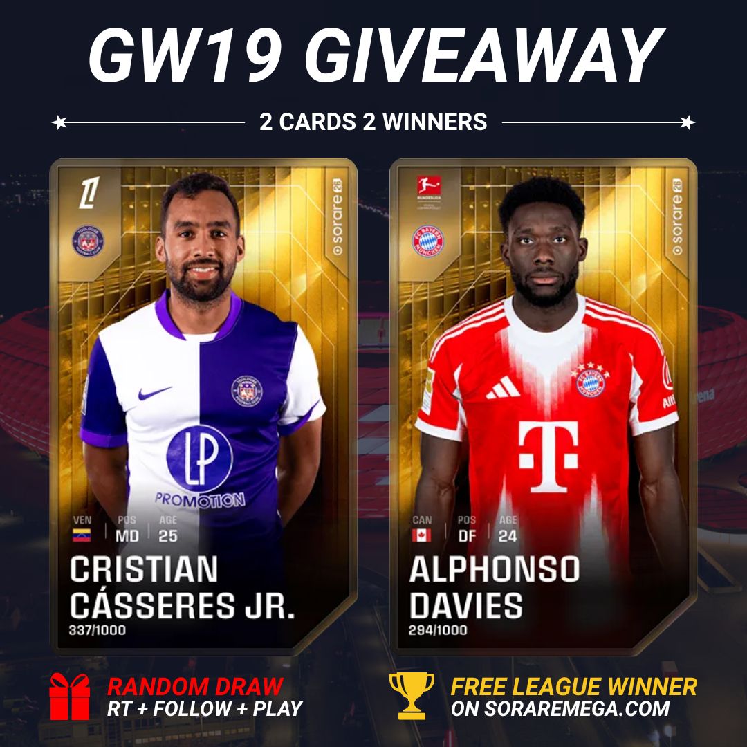 SorareMega's tweet photo. 🔥 GW19 GIVEAWAY!

2 cards. 2 winners!

These two are ON FIRE and will be back for GW21, when the real game is back ⚽

🏆 Free League winner → 🟨 Alphonso Davies 🔥 L5 = 82
🎁 Random draw → 🟨 Cristian Cásseres Jr. 🔥 L5 = 86

To enter:
🔁 RT
👥 Follow @SorareMega
💬 Reply with your Sorare username
⚽ Play GW19 on https://t.co/OmenHf2qEG

🎲 Draw: Wednesday

#Sorare #FantasyFootball