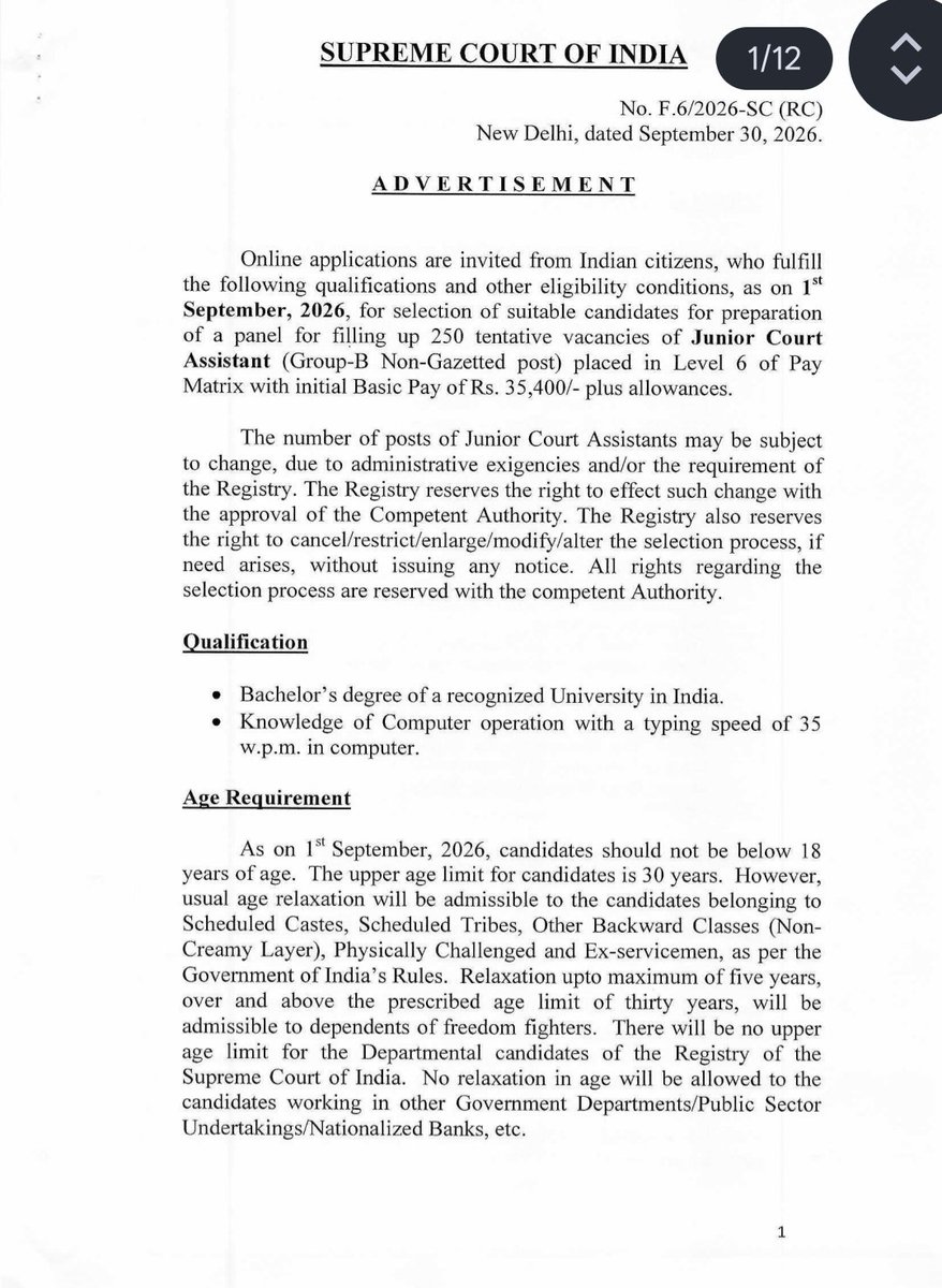 theoglens's tweet photo. Supreme Court of India (SCI) Junior Court Assistant (JCA) Recruitment Notification Out 

Total Post: 250

Qualification: Graduate 

Exam Date: 20 November https://t.co/WmCQk5TMct