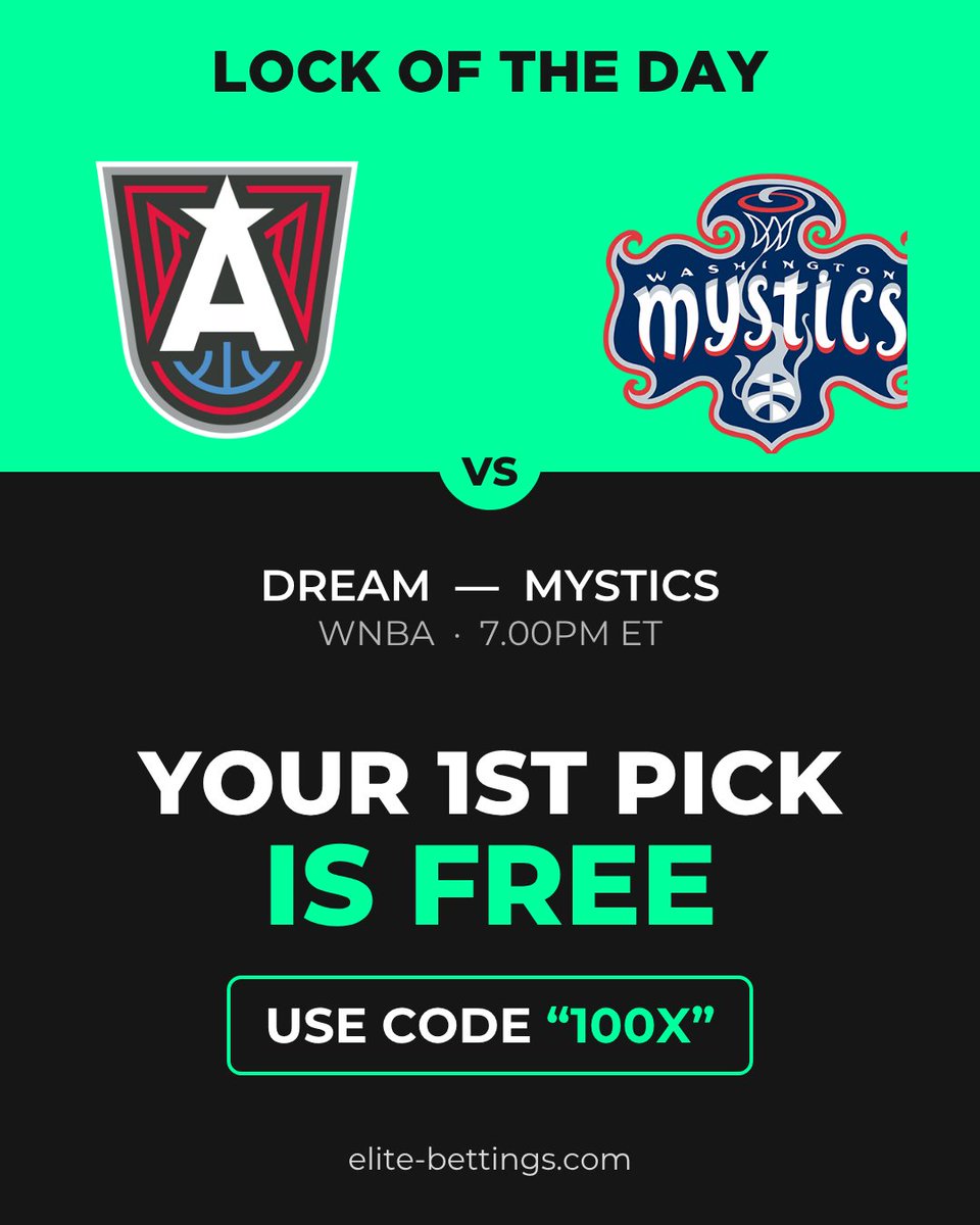EliteBettings's tweet photo. 🔒 LOCK OF THE DAY 🔒

🏀 Atlanta Dream vs Washington Mystics — WNBA
🕗 7.00PM ET

🎁 1st pick FREE - code "100X"
https://t.co/Eucq8FEZKc

#WNBA #WNBAPicks #WNBABets #SportsBetting #FreePick https://t.co/UMOvdzN09f