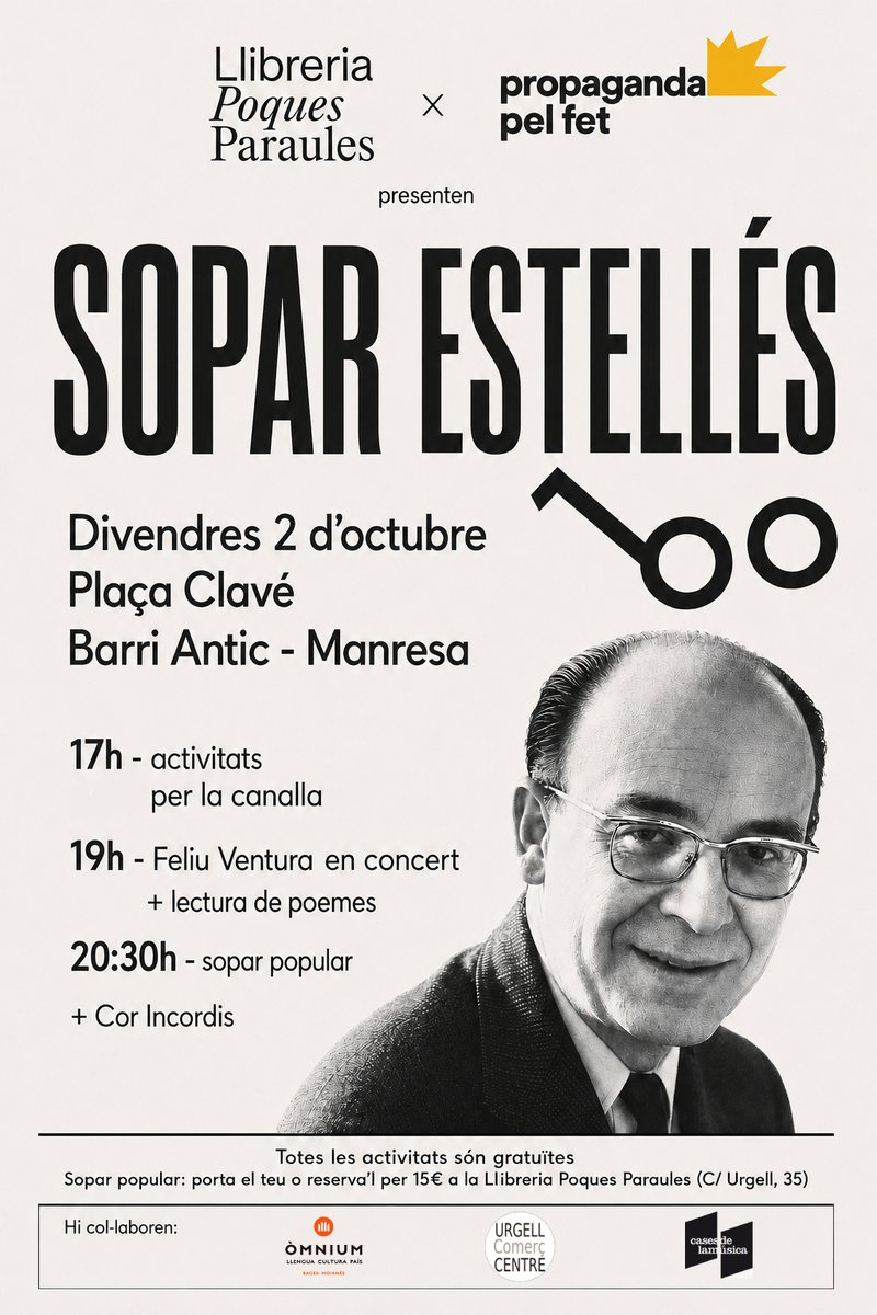 PropagandaPFet's tweet photo. Divendres a la Plaça Clavé...
SOPAR ESTELLÉS!
Us hi esperem!
Més info també al NacióManresa!
https://t.co/LZBjBBYEEh https://t.co/ZaRxoEW6f3