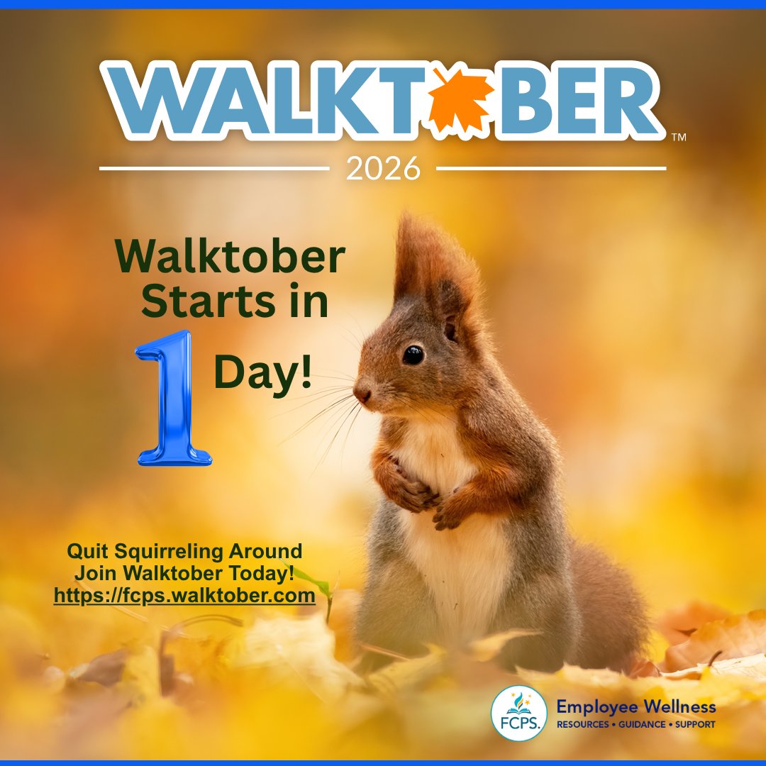 FCPSWellness's tweet photo. Sept 30
The Walktober Challenge Starts in 1 Day! 
Step into health and happiness with Walktober! 
Join individually or on teams of 5-10 colleagues 
Register Today:  https://t.co/ssWC93QHX5
@FCPSWellness #LetsGoFCPS! https://t.co/BaC7dacHuY