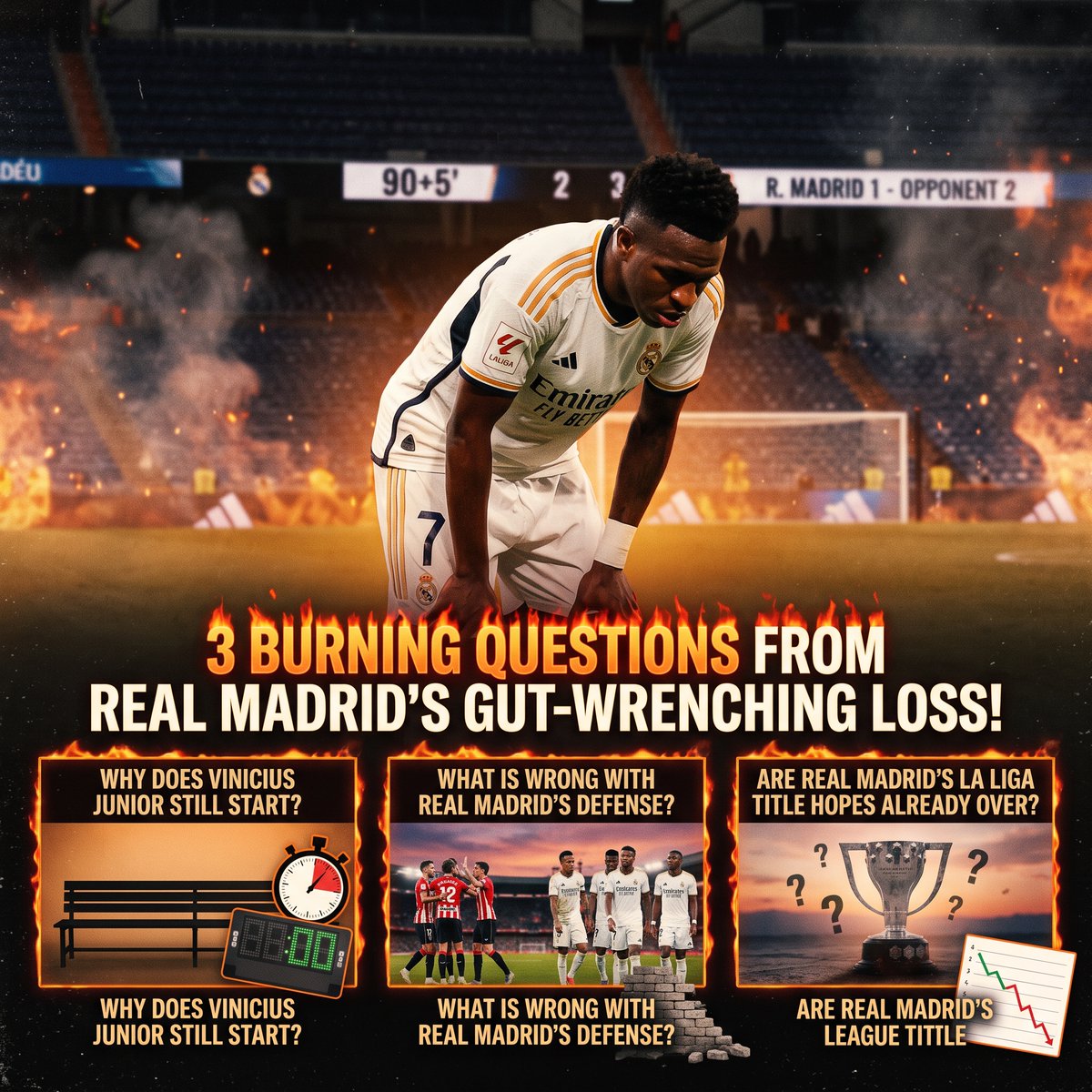 Post___lt's tweet photo. 🚨 3 BIG QUESTIONS AFTER REAL MADRID’S LOSS THIS SEASON!

⚡ VINICIUS STARTING? Vinicius Junior still starts despite struggling this season. After another disappointing display against Atletico, should Mourinho give Brahim Diaz, Carlos Espi or Yan Diomande a chance?

🛡️ DEFENSIVE PROBLEMS: Madrid strengthened their backline with Cucurella, Konate and Dumfries, yet issues remain. Nine goals conceded in eight league games and one clean sheet highlight serious problems with organization and consistency.

🏆 TITLE HOPES: Madrid are six points behind Barcelona after two defeats. With the race developing quickly, Mourinho needs immediate improvement, defensively and in attack to keep Madrid competitive.