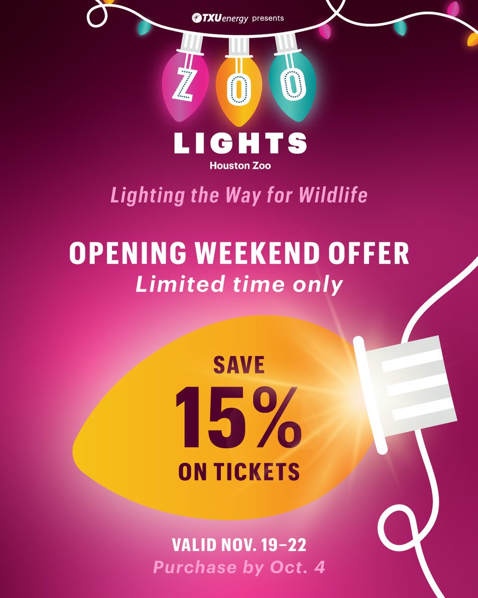 houstonzoo's tweet photo. The wait is over—our Zoo Lights opening weekend offer is here! ✨ 

Now through Oct. 4, save 15% on tickets!

Come experience the wild in a whole new light. Together, let's light the way for wildlife. Buy now: https://t.co/sJlTbFs8hU https://t.co/udWTbK3oO4