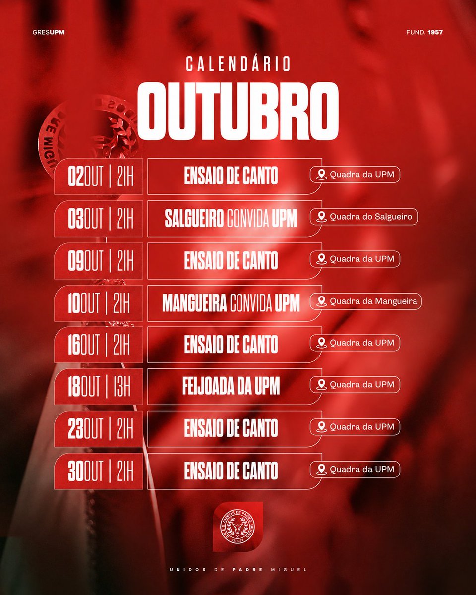 GRESUPM's tweet photo. Já pode anotar na agenda: outubro promete na Unidos de Padre Miguel! ❤️🤍🐂
Teremos nossos ensaios de canto, visitas às coirmãs Salgueiro e Mangueira e a nossa Feijoada da UPM.
📅 Confira o calendário completo  e não fique de fora! https://t.co/Fq5uhAX6Ce