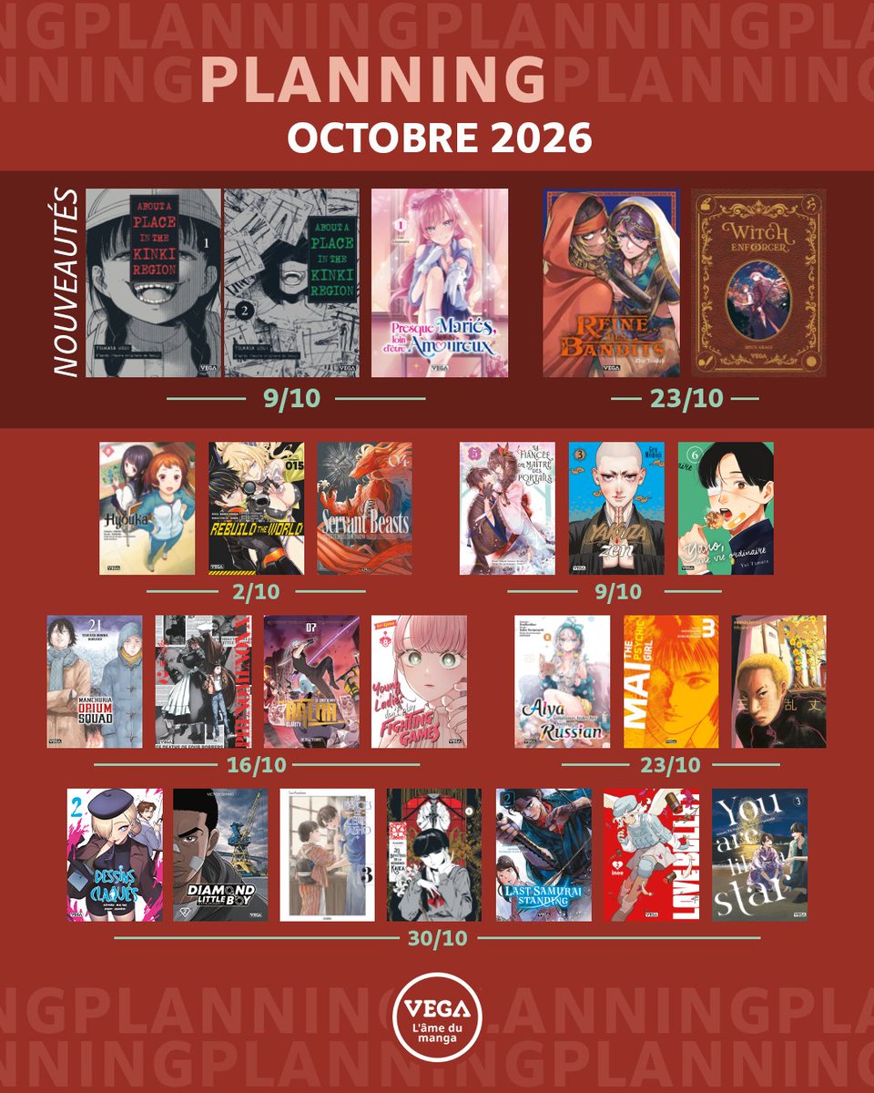 vegalivres's tweet photo. Octobre est là, et avec lui, une nouvelle pile de lectures à dévorer bien au chaud 🍂

Ce mois-ci, 4 nouveautés rejoignent notre catalogue : About a Place in the Kinki Region, Presque mariés, loin d’être amoureux, Reine des Bandits et Witch Enforcer 👀

Entre mystères inquiétants, romance, action et univers fantastiques, il y aura de quoi accompagner vos soirées d’automne !

Et bien sûr, plusieurs séries continuent avec des suites très attendues, dont le tome 2 de Love Bullet 💘

Alors, quels titres d’octobre vont rejoindre votre PAL ? 🍁

#manga #mangas #vegalivres #nouveauté