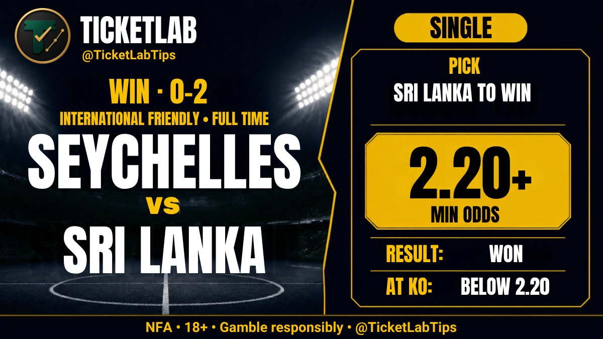 TicketLabTips's tweet photo. ✅ RESULT · International Friendly
Seychelles 0-2 Sri Lanka

Our pick, Sri Lanka to win (single, min odds 2.20), came in.

Honest note: the price slid below 2.20 (roughly 1.81-1.90) by kick-off, so the 2.20 minimum was no longer available. It was only playable at 2.20 or better, and not below that.

Small-edge, price-gated tips: no hype, just tracking it straight.

NFA · 18+ · Gamble responsibly