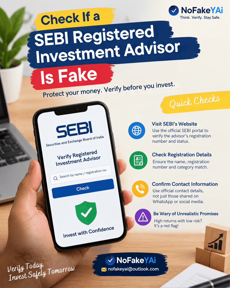 nofakey_ai's tweet photo. Before you invest, verify.
Check the advisor’s SEBI registration, registration details, official contact information, and be cautious of unrealistic return promises.
Stay alert. Verify before you invest.

#NoFakeYAI #SEBI #InvestmentSafety #ScamAlert #FinancialFraud https://t.co/BbWhPjtIta