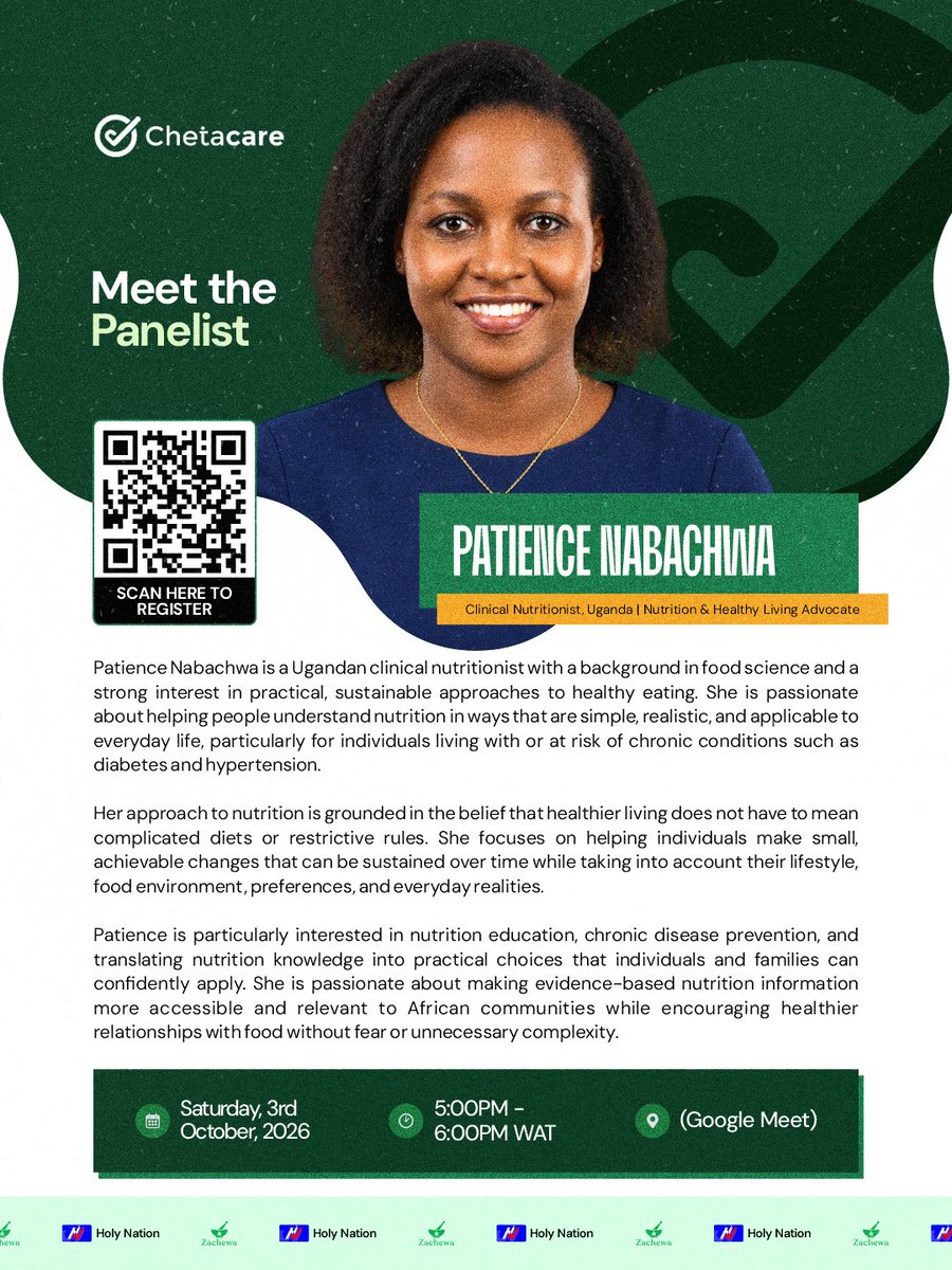 Chetacare's tweet photo. We’re excited to introduce Patience Nabachwa, Nutrition &amp; Healthy Living Advocate from Uganda, as another speaker for the Chetacare Nutrition Webinar.

Her approach is simple: healthier living doesn't have to mean complicated diets or restrictive rules. https://t.co/xEDfpxm0Hf