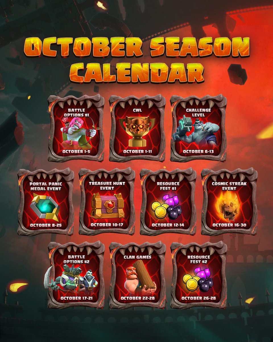 AVB_AleViaBel's tweet photo. Calendario de la temporada de octubre del 2026 en #ClashOfClans — «Clash-O-Ween chaos». https://t.co/VOl99RJ6Eu