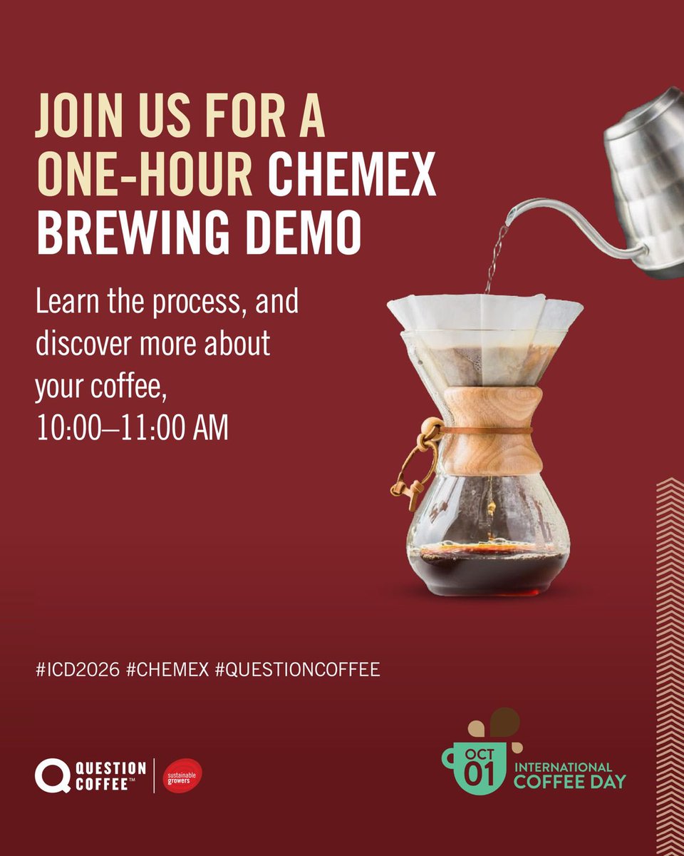 QuestionCafeRW's tweet photo. Join us tomorrow from 10:00 to 11:00 AM for a Chemex brewing demonstration, as our barista walks you through the process, brewing method by method, from bean to cup.
#QuestionCoffee #WomenInCoffee #ICD2026 #poweredbywomen https://t.co/3e7lFRiB4V