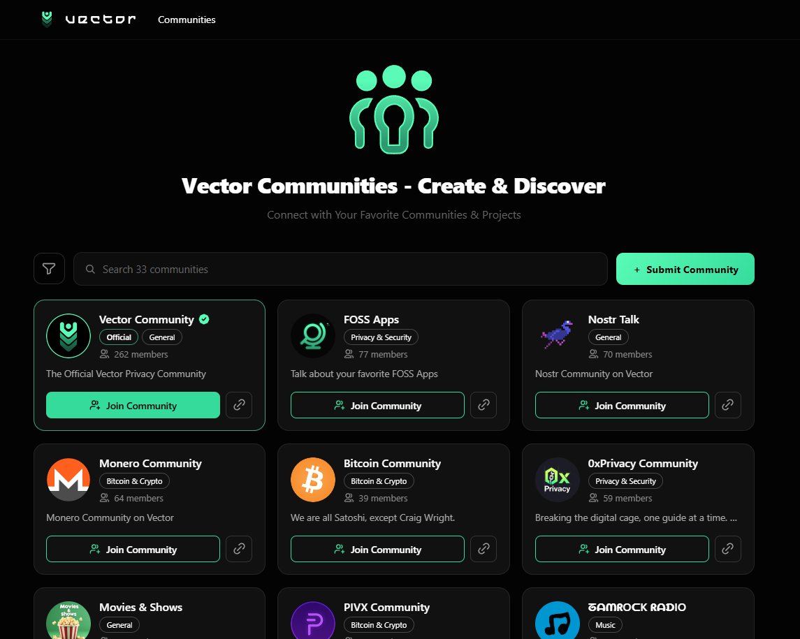 VectorPrivacy's tweet photo. Vector Hub now has 33 communities and over 250 members on the official Vector Community! 💚

https://t.co/etUZBo1ORB

Other notable communities: FOSS Apps, Nostr Talk, Monero Community, Bitcoin Community, &amp; more. https://t.co/2FH85Y07Y0