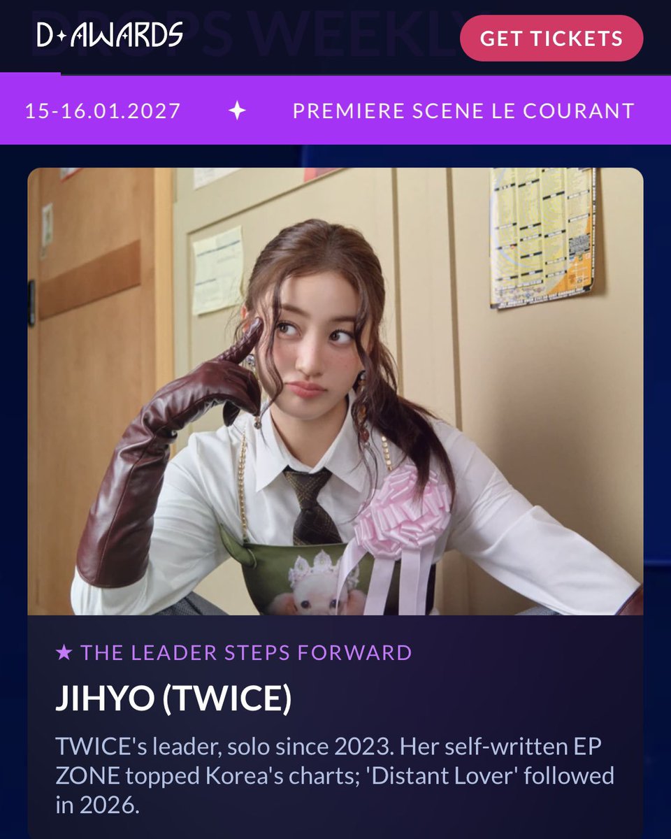 jihyopopbase's tweet photo. JIHYO will be attending the D Awards which will take place at the Plénitude Arena on January 15 and 16, 2027

#JIHYO #지효 https://t.co/dkxFivuicG