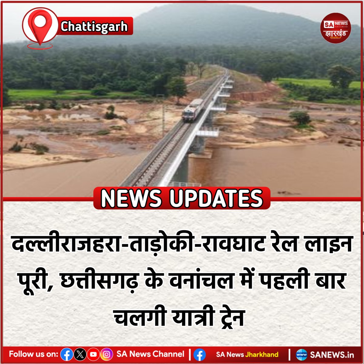 sanewsJharkhand's tweet photo. छत्तीसगढ़ के वनांचल के लिए बड़ी उपलब्धि! दल्लीराजहरा-ताड़ोकी-रावघाट रेल लाइन का अंतिम 17.5 किमी खंड पूरा हो गया है। कुल 95 किमी लंबी लाइन अब संचालन के लिए तैयार है।

#Chhattisgarh #Railway #Ravghat #Dallirajhara #SANewsJharkhand https://t.co/KoNuBwjwKc