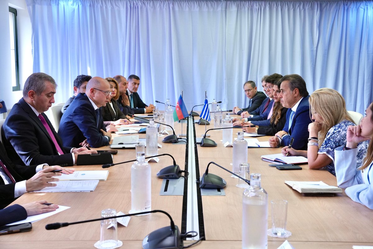 ParvizShahbazov's tweet photo. We discussed advancing our #energycooperation with Stavros Papastavrou, Minister of Environment and Energy of Greece within the 6th meeting of the Intergovernmental Commission in Athens. We exchanged views on the role of the Trans Adriatic Pipeline (#TAP) in ensuring Europe’s, including Greece’s, #energysecurity, as well as on #naturalgas supplies, #renewableenergy, #greenenergy interconnections and the #energytransition. Nearly 700 million cubic metres of natural gas were supplied from Azerbaijan to Greece during the first eight months of this year.