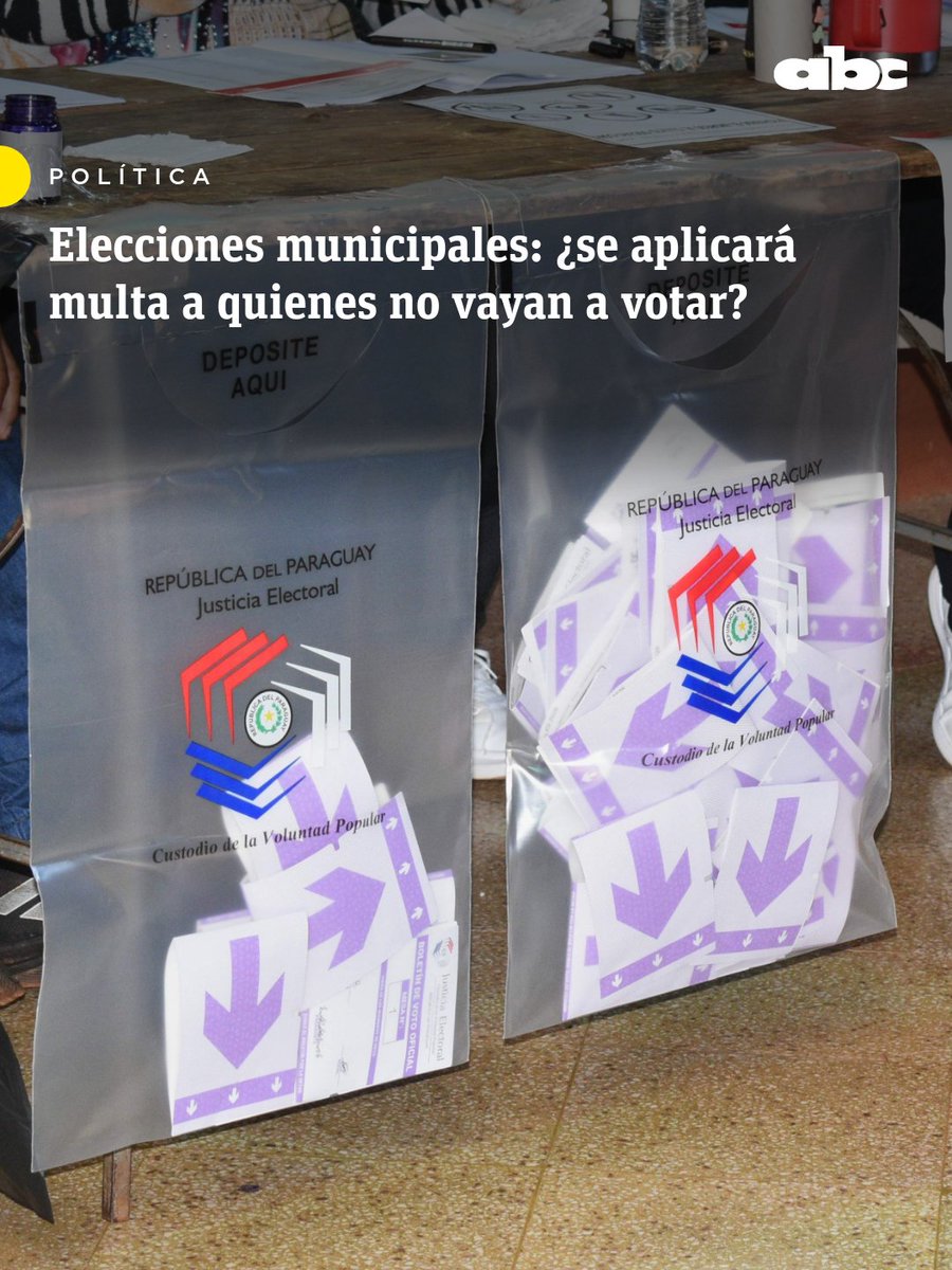 ABCDigital's tweet photo. 🔴 Elecciones municipales: faltar a votar tendrá multa de G. 117.077

📌 El TSJE confirmó que se aplicará la multa a quienes no concurran a votar en las elecciones municipales del domingo 4 de octubre.

🔸 La sanción será equivalente a un jornal mínimo (G. 117.077). El organismo electoral ya cuenta con la habilitación del Ministerio de Economía para ponerla en marcha.

🔴 Canal de WhatsApp: https://t.co/7g4sFrySuw

https://t.co/xFpfsZuXrQ