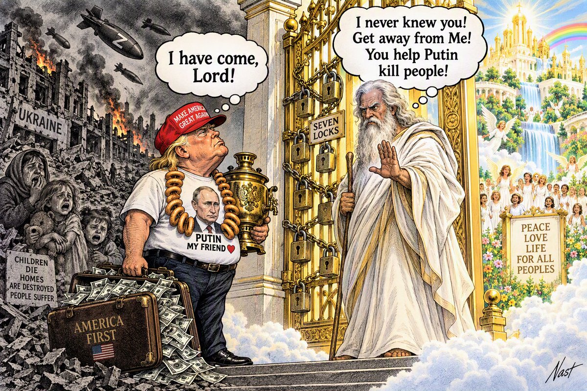 vesterina33's tweet photo. The gates to Paradise will never open for Trump! 
#Ukraine #StandWithUkraine #Trump #Putin #RussiaUkraineWar #PoliticalCartoon #PoliticalSatire #WarCrimes #Democracy #HumanRights #CartoonArt#Ukraine #StandWithUkraine #Trump #Putin #RussiaUkraineWar #PoliticalCartoon https://t.co/LoZwxPStsk
