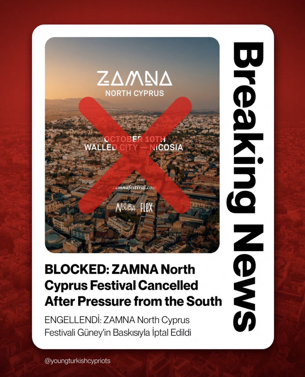 Young_Turk_Cyp's tweet photo. BREAKING NEWS: The ZAMNA North Cyprus festival can no longer go ahead as planned after pressure from the South on its international partners. 

It follows the same pressure on a Barcelona children's football camp and the NEXUS festival in the North. https://t.co/5W5fiAFPWx