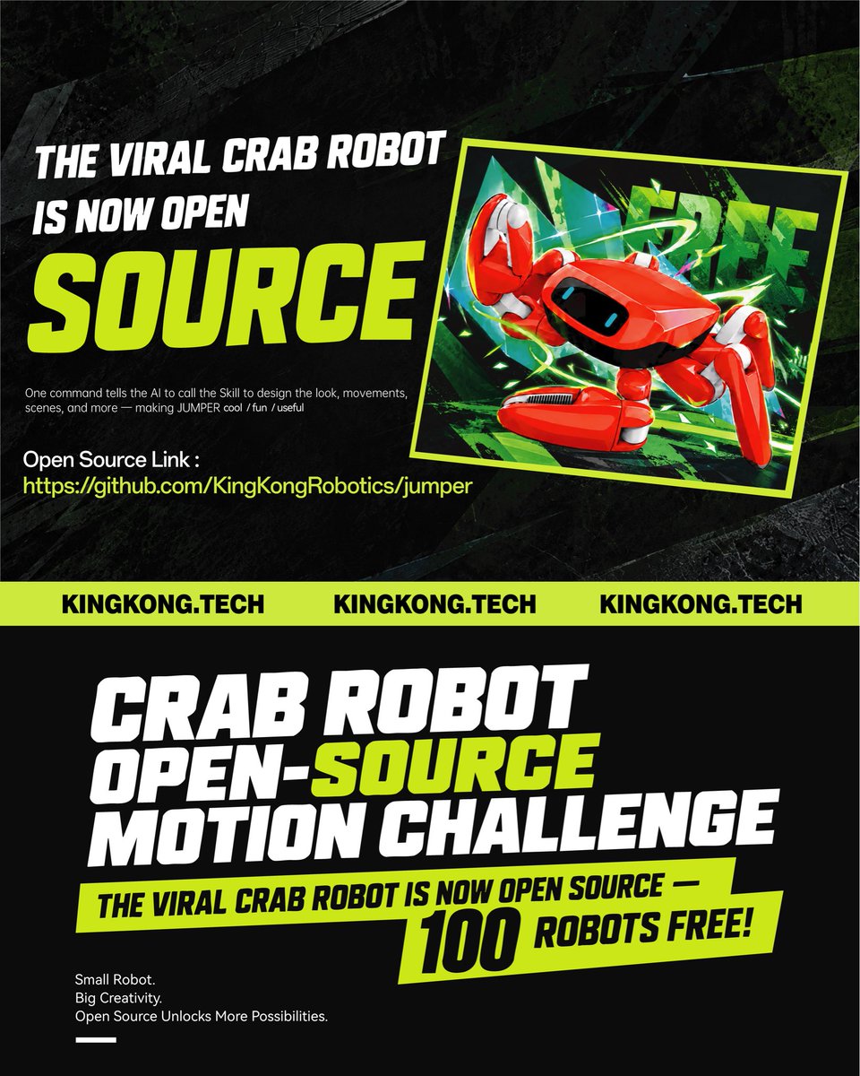 KingKongRobo's tweet photo. All the details you want to know about the crab robot open source motion competition are here.#Jumper #CrabRobot #OpenSourceRobot #KingKong #BeUnlimited https://t.co/4AkkllcpTC