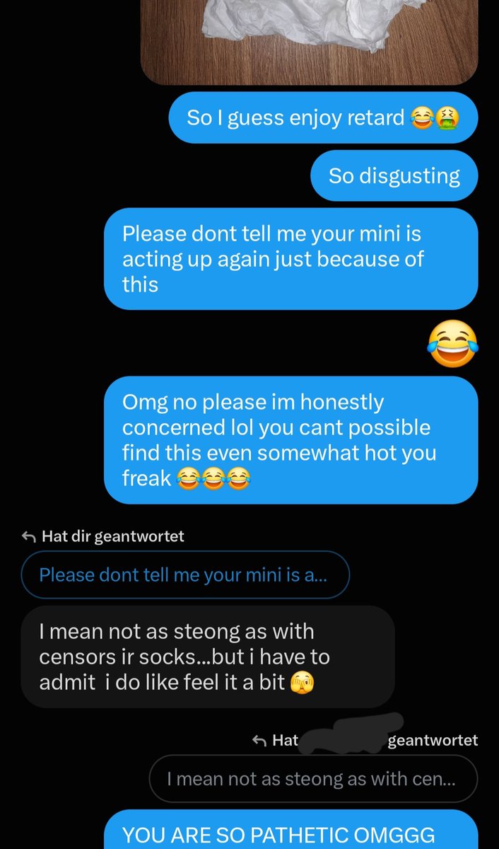 urG0ddessS0phie's tweet photo. I just made this freak pay for a picture of my used handkerchiefs lol wtf. I'm sick btw 😷
#censoredforbeta https://t.co/IGrn4PmuWC