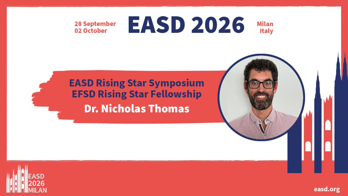 EASDnews's tweet photo. 🏆 Don't miss the #RisingStar Symposium at #EASD2026 chaired by Prof. Matthias Blüher! This year's awardees will present their work:
🎤@AaronNovikoff 🇩🇪
🎤@carla_horv 🇨🇭
🎤Sara Stinson 🇳🇴
🎤Nick Thomas 🇬🇧
📅Thurs, 1 Oct 2026 |🕣08:30 - 10:10 CEST |📍Paris Hall
Congrats to all! https://t.co/hgzVx4gKId
