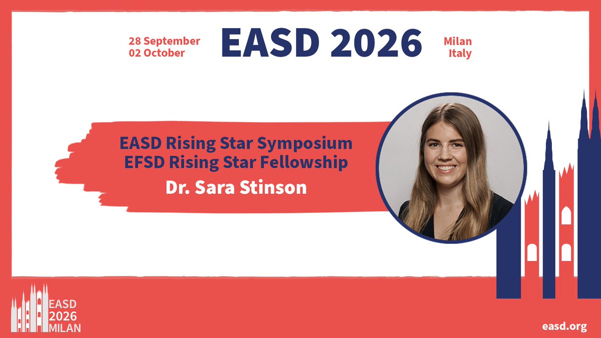 EASDnews's tweet photo. 🏆 Don't miss the #RisingStar Symposium at #EASD2026 chaired by Prof. Matthias Blüher! This year's awardees will present their work:
🎤@AaronNovikoff 🇩🇪
🎤@carla_horv 🇨🇭
🎤Sara Stinson 🇳🇴
🎤Nick Thomas 🇬🇧
📅Thurs, 1 Oct 2026 |🕣08:30 - 10:10 CEST |📍Paris Hall
Congrats to all! https://t.co/hgzVx4gKId