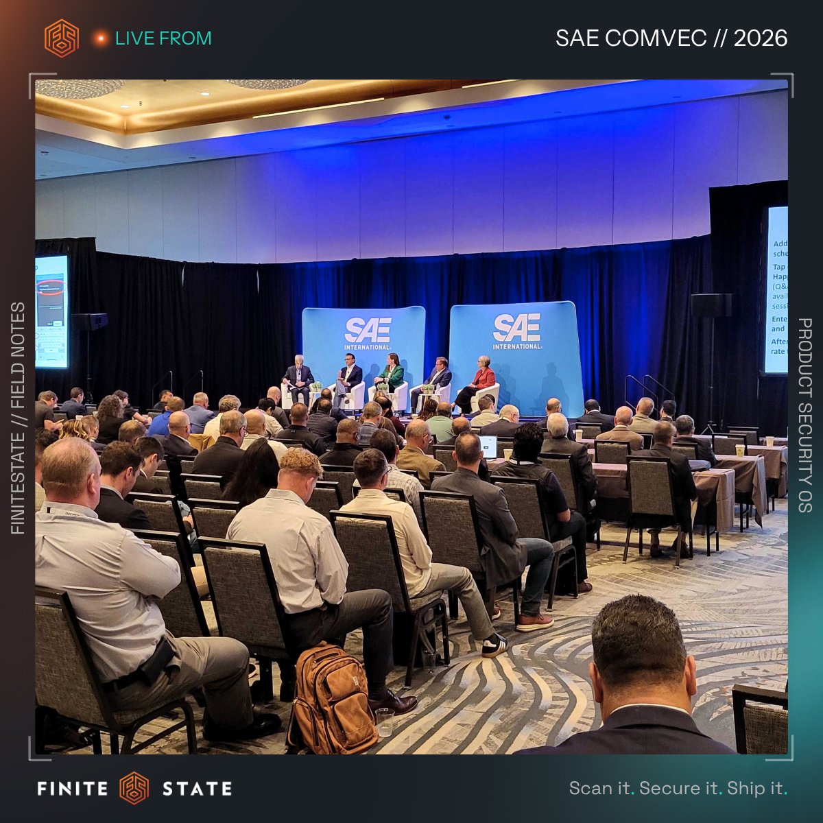 FiniteStateInc's tweet photo. LIVE from SAE COMVEC 2026! 📸 
Connect with Cade Jackson, Regional Sales Director at Finite State, to talk continuous product security for software-defined vehicles, from software visibility and real exposure to faster PSIRT response. https://t.co/l9nDhM9gD3 #Cybersecurity https://t.co/uu0VYGKmtL