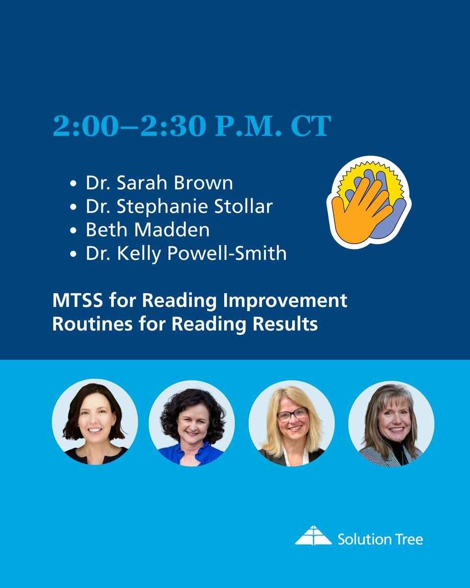 SolutionTree's tweet photo. Day 2 at #TRLConf2026 is packed with opportunities to meet Solution Tree authors and literacy experts. 📚✨

Stop by Booth #309 on Thursday, October 1 for three author meet-and-greet sessions throughout the day:

12:30–1:00 P.M. CT: Dr. Molly Ness, founder of Dirigo Literacy
2:00–2:30 P.M. CT: Dr. Sarah Brown, Dr. Stephanie Stollar, Beth Madden, and Dr. Kelly Powell-Smith, authors connected to MTSS for Reading Improvement and Routines for Reading Results
4:00–4:30 P.M. CT: Dr. Mitchell Brookins, Dr. Daryl Michel, and Dr. Kim St. Martin, contributors to Reading Isn’t Optional

Come connect, ask questions, and talk literacy with the people behind the work.

📍 Solution Tree Booth #309
📅 Thursday, October 1

#TRLConf2026 #TheReadingLeague #Literacy #ScienceOfReading #MTSS #ReadingInstruction #AuthorMeetAndGreet #SolutionTree