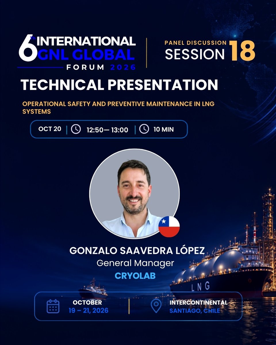 gnlglobal's tweet photo. 🎤⚡ SESSION 18 | PRESENTATION

An industry presentation led by:
🎙️ Gonzalo Saavedra López | CryoLab
📅 Oct. 20 | 12:50 PM
📍 Santiago, Chile

#GNLGlobal #speakers https://t.co/eoYH5ghpys