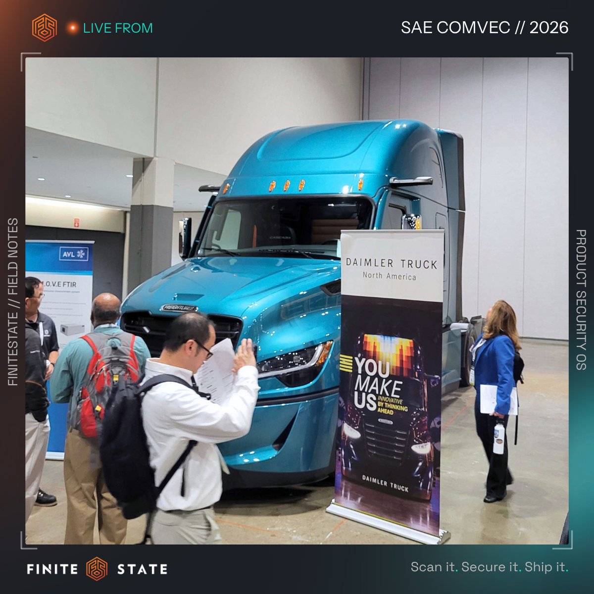 FiniteStateInc's tweet photo. LIVE from SAE COMVEC 2026! 📸 
Connect with Cade Jackson, Regional Sales Director at Finite State, to talk continuous product security for software-defined vehicles, from software visibility and real exposure to faster PSIRT response. https://t.co/l9nDhM9gD3 #Cybersecurity https://t.co/uu0VYGKmtL