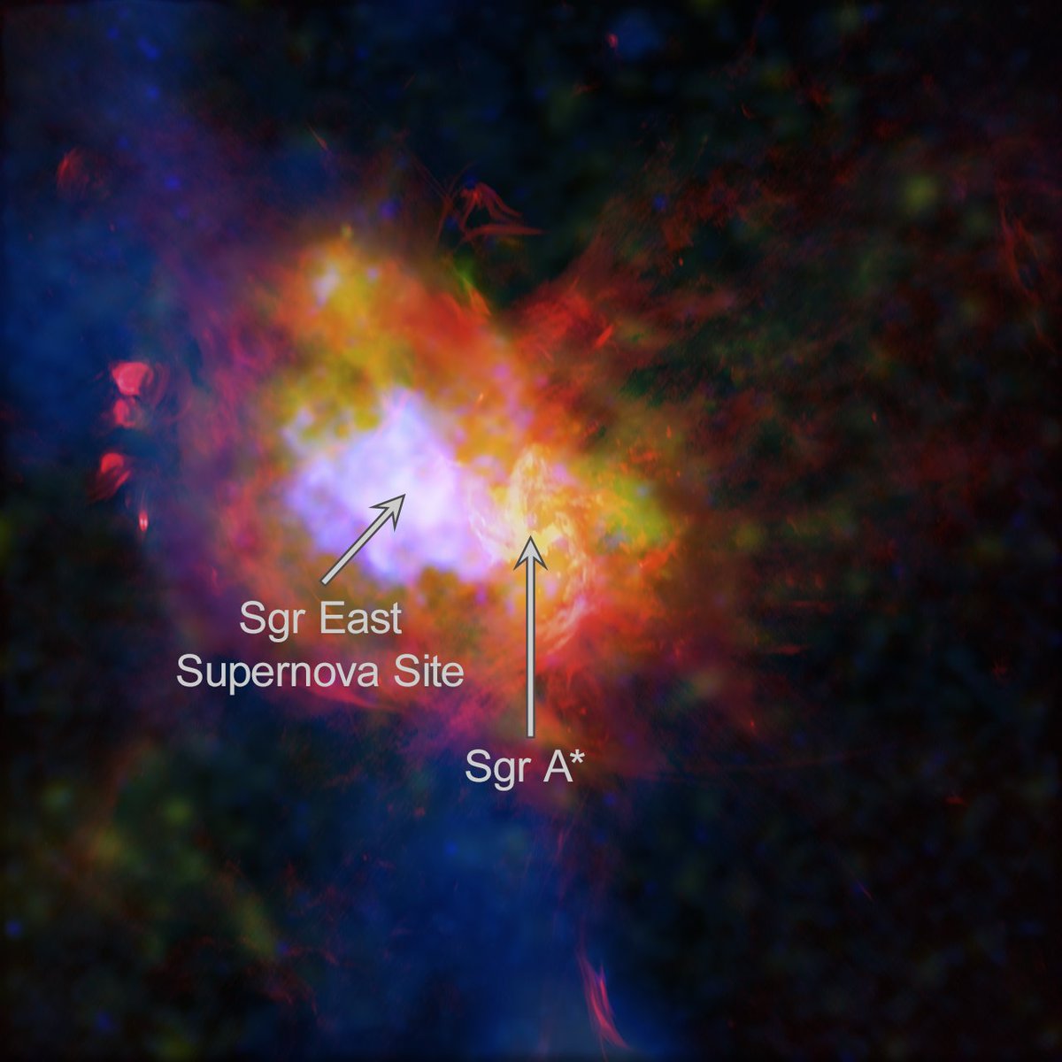 chandraxray's tweet photo. Let's face it: the center of our galaxy is a hot mess!🌡️ This new image gives us a cleaner look at our central district, including our 4‑million‑solar‑mass supermassive black hole, Sagittarius A*, and its closest supernova remnant, Sagittarius A East: https://t.co/WqhzIu0g7L https://t.co/yOIMe9HYq6
