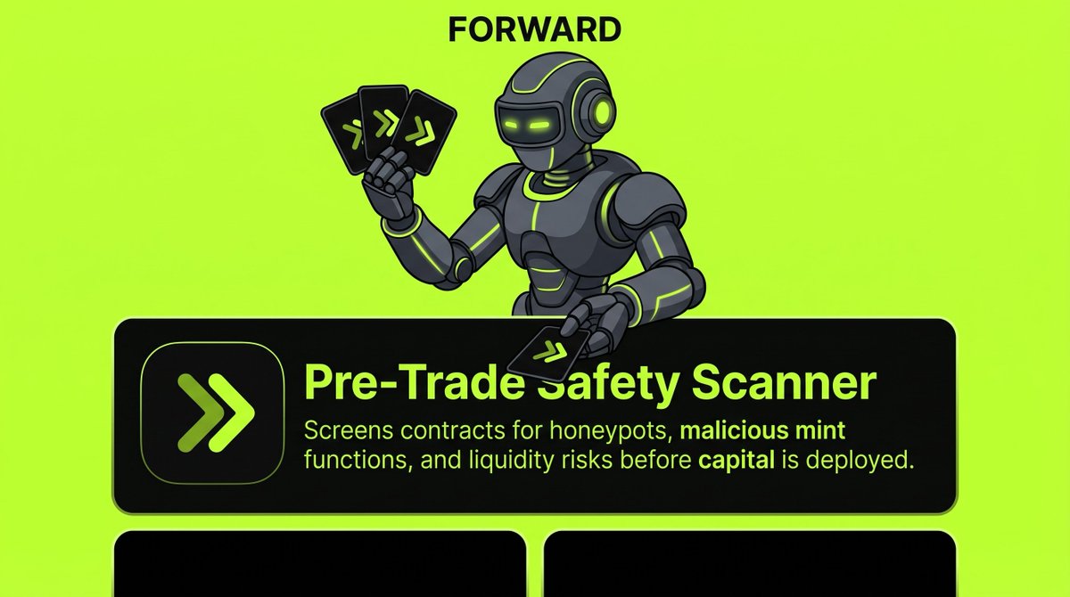 Forward_rh's tweet photo. Execution speed means little without better risk awareness.

FORWARD introduces a pre-trade safety layer that screens contracts for potential honeypots, malicious mint functions, and liquidity risks before capital is deployed.

Faster execution, with an additional layer of contract intelligence.