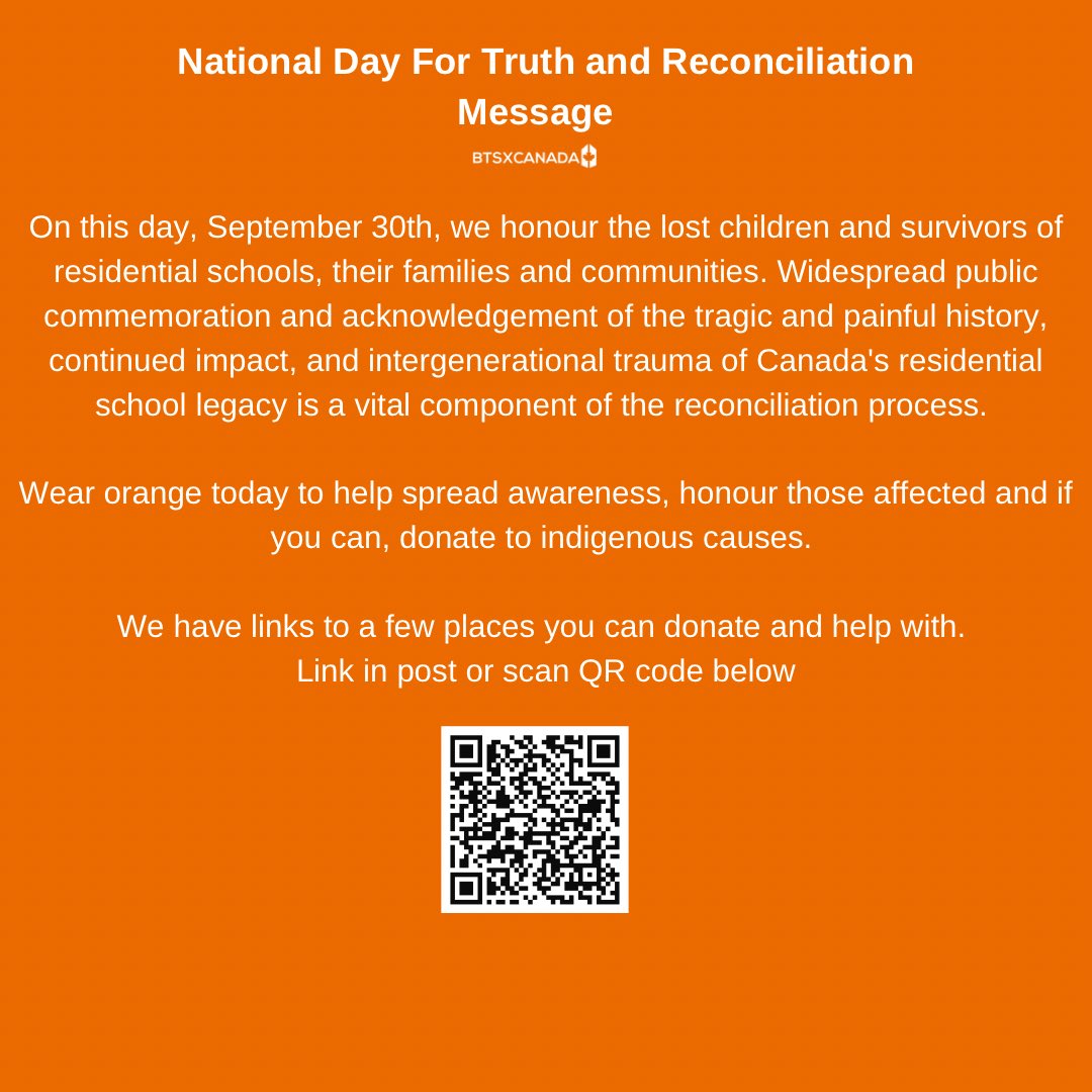 BTSxCanada's tweet photo. Our Message for the National Day For Truth and Reconciliation, also known as Orange Shirt Day 🧡
(EN/FR) 

We’ve compiled a link with indigenous organizations to support and resources: https://t.co/HlBsCA0bF7 https://t.co/whsoZ3qokw