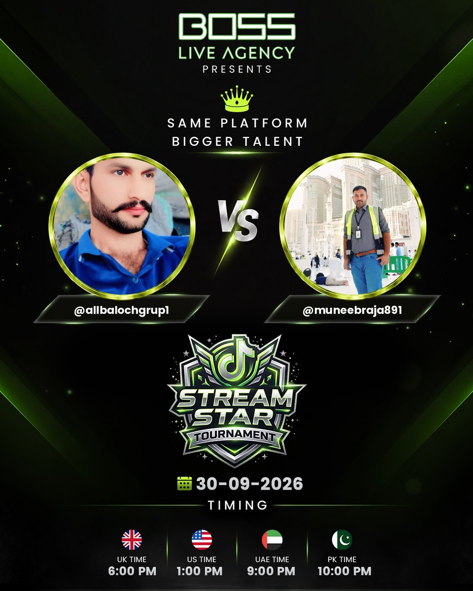 bossliveagencyu's tweet photo. ⚡ Round two of the night! STREAM STAR TOURNAMENT keeps rolling ⚡
Presented by BOSS Live Agency
Closing 4 battles 🔥
PK: 10:00 PM – 11:30 PM
UK: 6:00 PM – 7:30 PM
US: 1:00 PM – 2:30 PM
UAE: 9:00 PM – 10:30 PM
#StreamStarTournament #BossNaveed #LiveBattle https://t.co/O8cgngUIaM