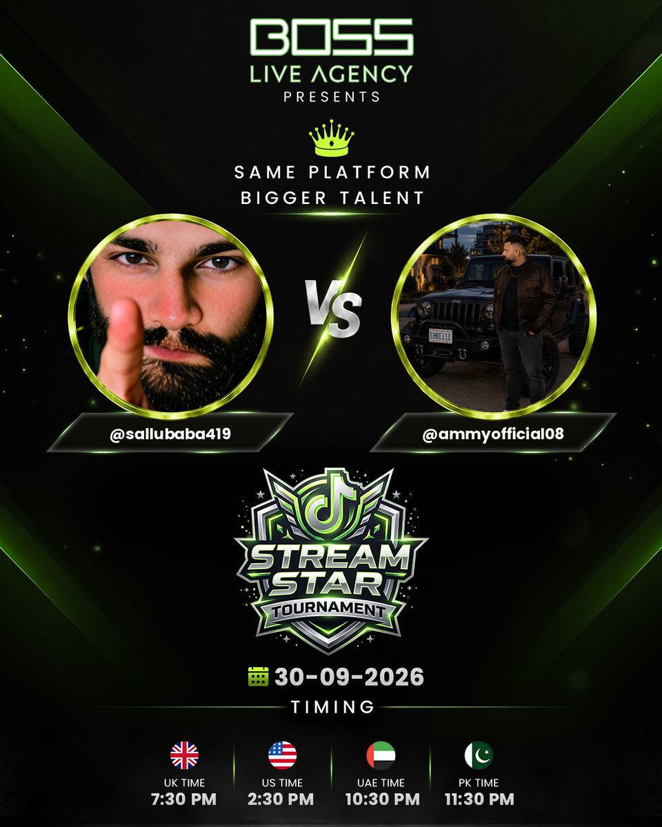 bossliveagencyu's tweet photo. ⚡ Round two of the night! STREAM STAR TOURNAMENT keeps rolling ⚡
Presented by BOSS Live Agency
Closing 4 battles 🔥
PK: 10:00 PM – 11:30 PM
UK: 6:00 PM – 7:30 PM
US: 1:00 PM – 2:30 PM
UAE: 9:00 PM – 10:30 PM
#StreamStarTournament #BossNaveed #LiveBattle https://t.co/O8cgngUIaM