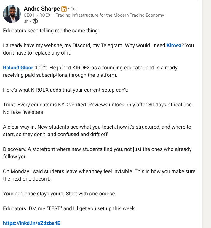 rolandgloor's tweet photo. Honored to be highlighted by Andre Sharpe, CEO of Kiroex. Being a Founding Educator on KIROEX has been a fantastic experience. Building 'The Mindful Gold Desk' on a platform that truly values transparency and equips educators with the right infrastructure is a game-changer. Proud to be part of this journey!