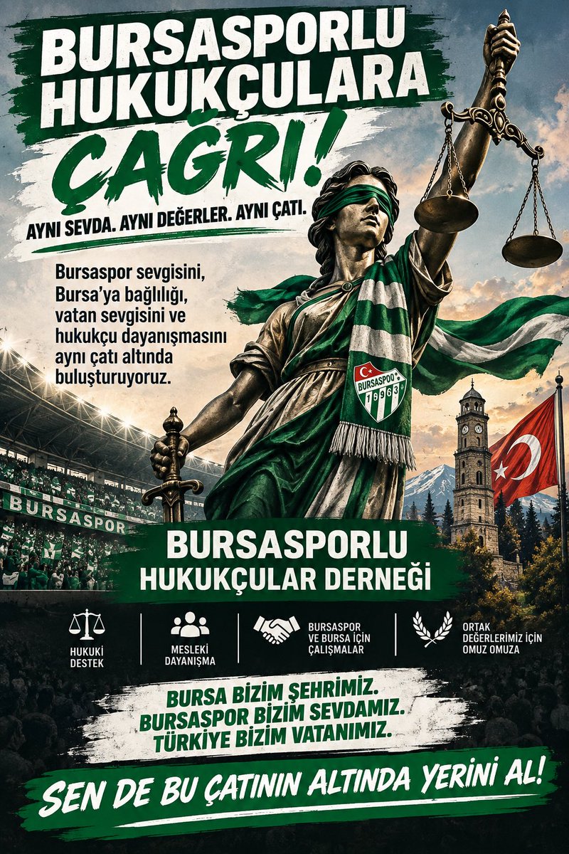hk_dincturk's tweet photo. Camiamıza yönelik sistemli saldırıların arttığı bir dönemden geçiyoruz.

Bu süreçten Bursasporlu hukukçular olarak kendimizi uzak tutmamalıyız.

Bu neden ile;
-Bursaspor camiasının ortak değerlerinin hukuki yollarla korunmasına katkı sağlamak.
-Bursaspor’a yönelik hukuka aykırı sözlü, yazılı, görsel veya dijital saldırılar karşısında hukuk çerçevesinde ortak hareket etmek.
-Bursaspor taraftarlarının müsabaka, deplasman, tribün ve taraftarlık faaliyetleri nedeniyle karşılaştıkları adli/idari işlemlerde, soruşturma ve kovuşturmalarda ve 6222 sayılı Kanun kapsamındaki süreçlerde hukuki haklarının korunmasına ve hukuki destek almalarına katkı sağlamak amaçları doğrultusunda Bursasporlu Hukukçuları tek bir dernek çatısı altında toplanmaya davet ediyorum.
Bu oluşuma katkı vermek isteyenler DM’den benimle iletişime geçebilirler.