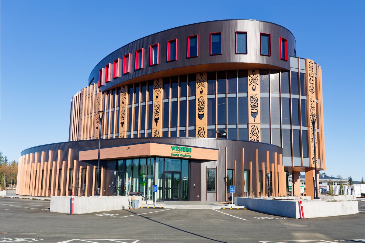 WFPCompany's tweet photo. Western operates on the traditional lands of more than 50 First Nations on the coast of British Columbia. On the National Day for Truth and Reconciliation, we recognize our responsibility to listen, learn, and advance reconciliation through meaningful action and lasting relationships.

This year, our Campbell River team moved into the new We Wai Kai Nation administrative building. It reflects We Wai Kai culture and identity through local materials, sustainable design, and Indigenous art, including multi-story exterior panels designed by Jessica Chickite, a Lekwiltok artist from the We Wai Kai Nation.

Sharing this space creates more opportunities to connect, collaborate and strengthen our relationship. Reconciliation is ongoing work, and we are grateful for the relationships that continue to guide us on that journey.

#NDTR #ForestStewardship #WeWaiKai