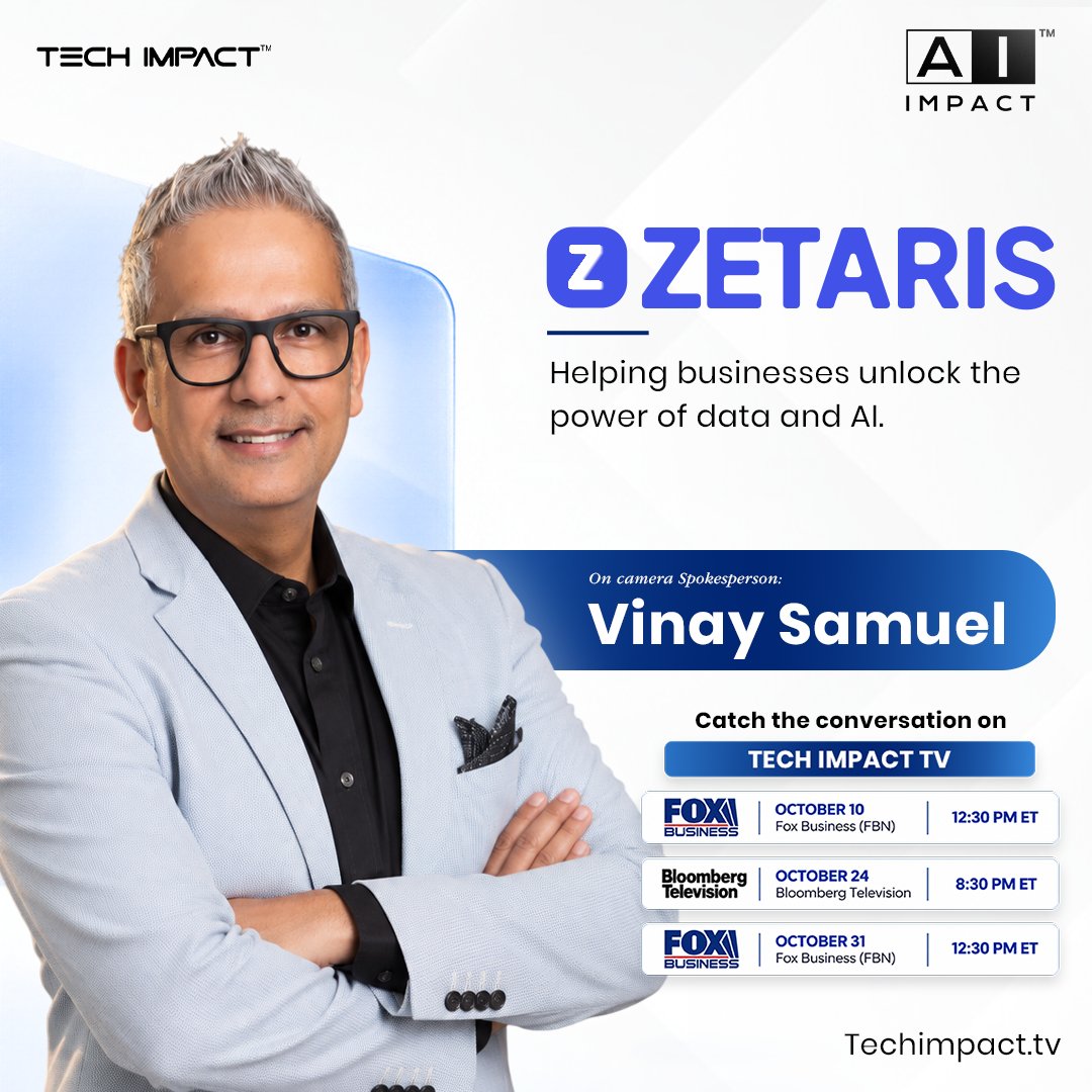 TechImpactTV's tweet photo. On Tech Impact with host @EvanKirstel , we’re featuring @Zetaris , with on-camera spokesperson Vinay Samuel, discussing how businesses can unlock the power of data and AI.

📺 Catch it:
Oct 10 — @FoxBusiness | 12:30 PM ET
Oct 24 — @BloombergTV | 8:30 PM ET
Oct 31 — @FoxBusiness | 12:30 PM ET

🌐 https://t.co/hWYktAasQ9

#TechImpactTV #Zetaris #AI #Data #EvanKirstel