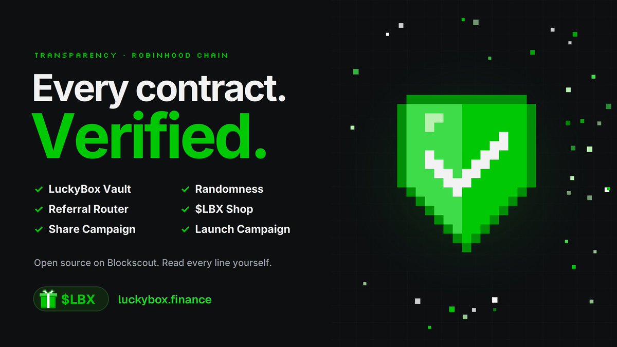 Lucky_Box_x's tweet photo. LuckyBox contracts are now verified on @blockscout 🛡️

The vault, the randomness, the $LBX shop, referrals, campaigns.

All open source. Anyone can read exactly how boxes are sold, opened and paid out. 

No hidden logic. Just code you can check.
→https://t.co/EekOZjmVrL https://t.co/6mNNOkiQE9