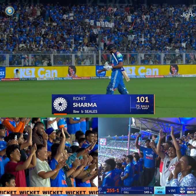 AarCricVerse's tweet photo. Rohit Sharma got out and the wicket celebration seems teasing.
As a Rohit fan, Im sure Virat Kohli will bash him and finish the game with aggressiveness with Gill on the other side.

#INDvsWI #RohitSharma #ViratKohli #ShubmanGill #ChaseMaster https://t.co/3cOaG0ewgd