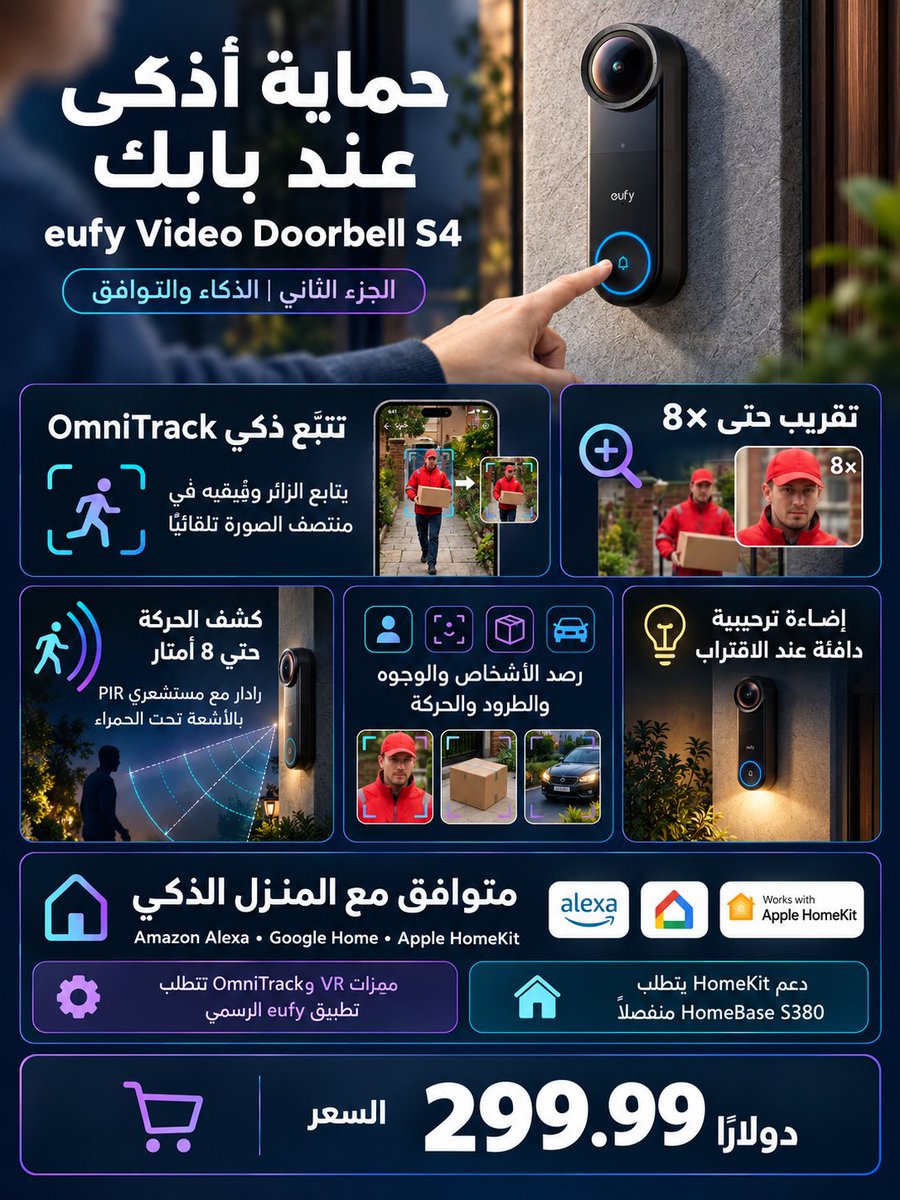drbeel_techno's tweet photo. #Anker #Eufy
جرس الباب الذكي #EufyVideoDoorbellS4 بمشاهدة بانورامية ودعم VR:
- تصوير 3K HDR بزاوية 180° أفقيًا وعموديًا وتقريب حتى 8×
- استكشف المشهد بتحريك الهاتف مع محادثة صوتية ثنائية الاتجاه
- رؤية ليلية ملونة وتتبع ذكي للزائر عبر OmniTrack
- كشف الحركة حتى 8 أمتار ورصد الأشخاص والوجوه والطرود
- يدعم Alexa وGoogle Home وHomeKit
- تشغيل HomeKit يتطلب HomeBase S380 منفصلًا
- ميزتا VR وOmniTrack تتطلبان تطبيق eufy الرسمي
- السعر: 299.99 دولارًا