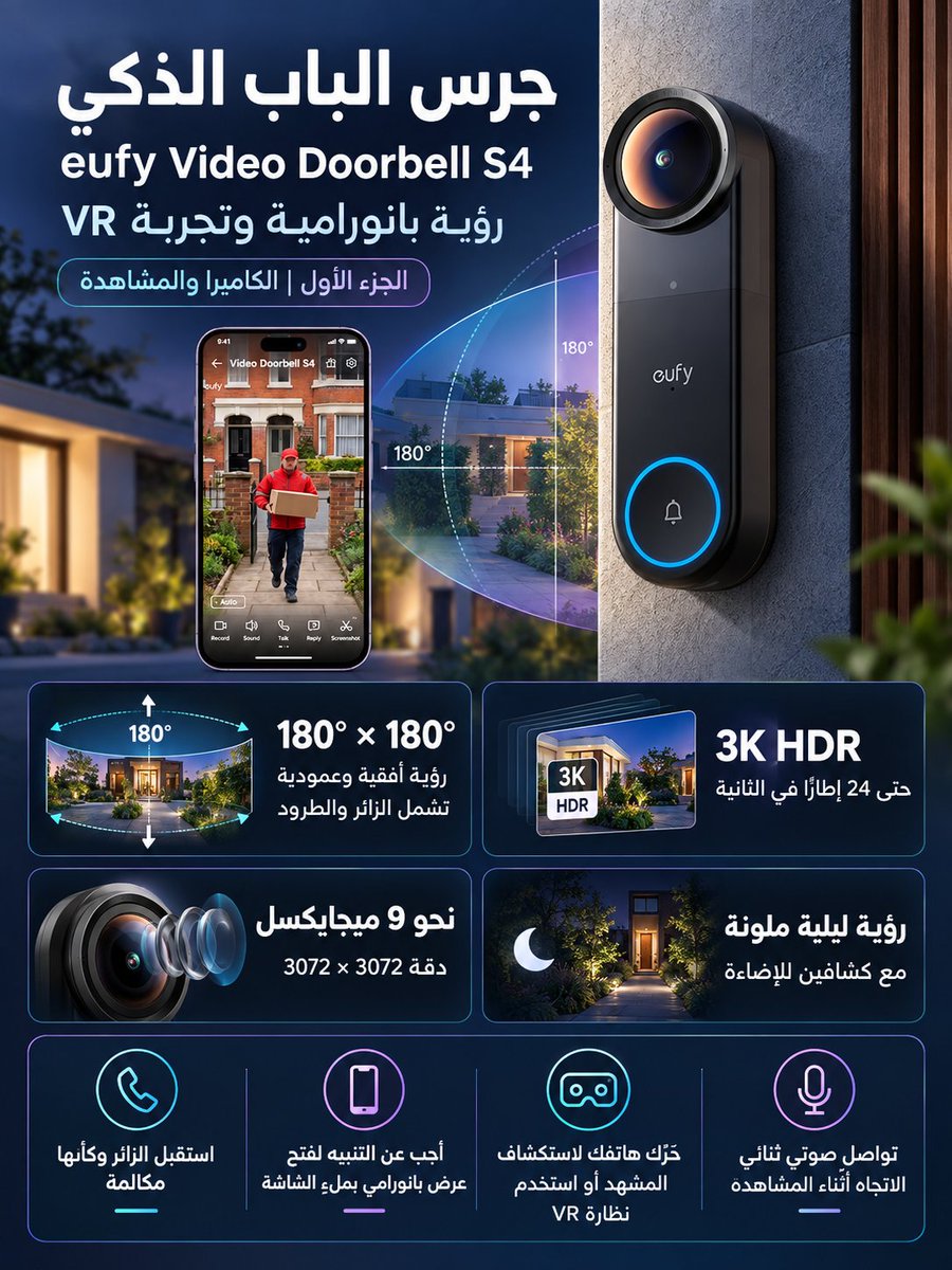 drbeel_techno's tweet photo. #Anker #Eufy
جرس الباب الذكي #EufyVideoDoorbellS4 بمشاهدة بانورامية ودعم VR:
- تصوير 3K HDR بزاوية 180° أفقيًا وعموديًا وتقريب حتى 8×
- استكشف المشهد بتحريك الهاتف مع محادثة صوتية ثنائية الاتجاه
- رؤية ليلية ملونة وتتبع ذكي للزائر عبر OmniTrack
- كشف الحركة حتى 8 أمتار ورصد الأشخاص والوجوه والطرود
- يدعم Alexa وGoogle Home وHomeKit
- تشغيل HomeKit يتطلب HomeBase S380 منفصلًا
- ميزتا VR وOmniTrack تتطلبان تطبيق eufy الرسمي
- السعر: 299.99 دولارًا