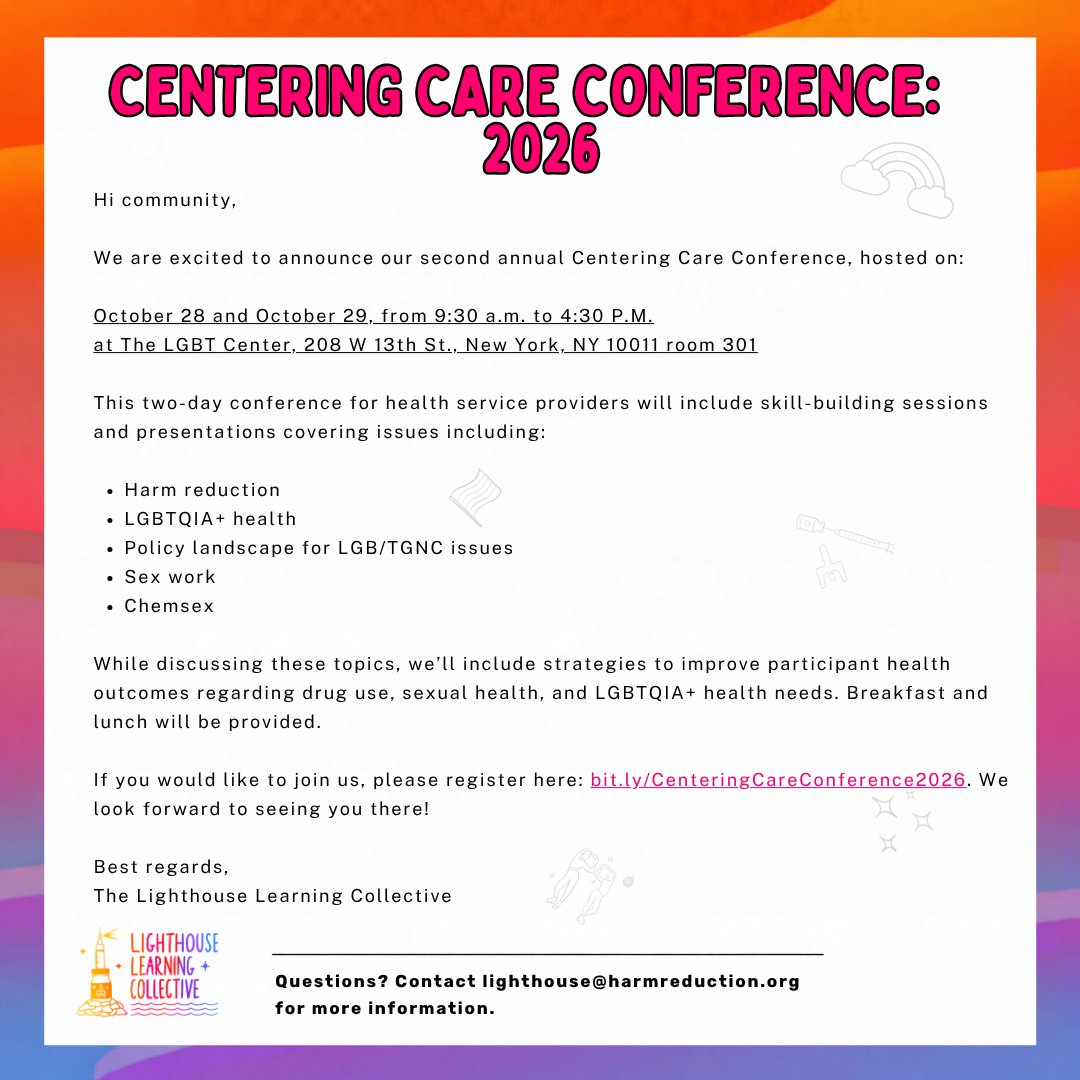 HarmReduction's tweet photo. Join NHRC's @HRC_Lighthouse for its 2nd-annual #CenteringCare Conference happening in Oct.! This event is free w/ capacity for 50 attendees —  grab your spot today! 
Register: https://t.co/u2Zr0cwKAe

#HarmReduction #HarmReductionSavesLives #Liberation #HarmReductionIsHealthCare https://t.co/MwVZN7tqnu
